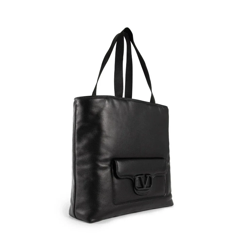 VALENTINO GARAVANI Mens Black Nappa Leather Tote V Logo Plaque Top Handle $2595